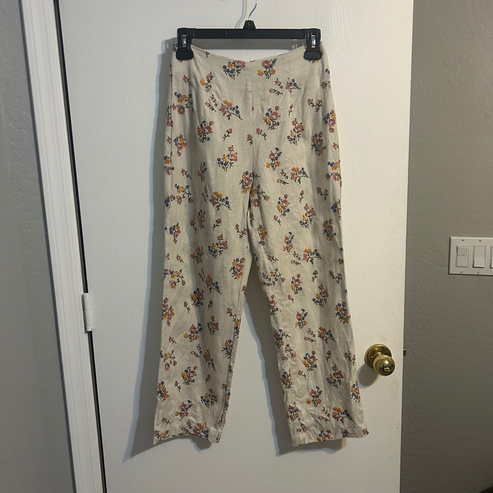 Cottage embroidered floral high waist linen pants size 0